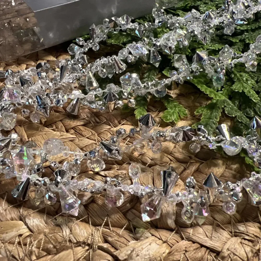 Crate & Barrel 9' Iridescent Silver Crystal Facet Bead Christmas Garland Beaded